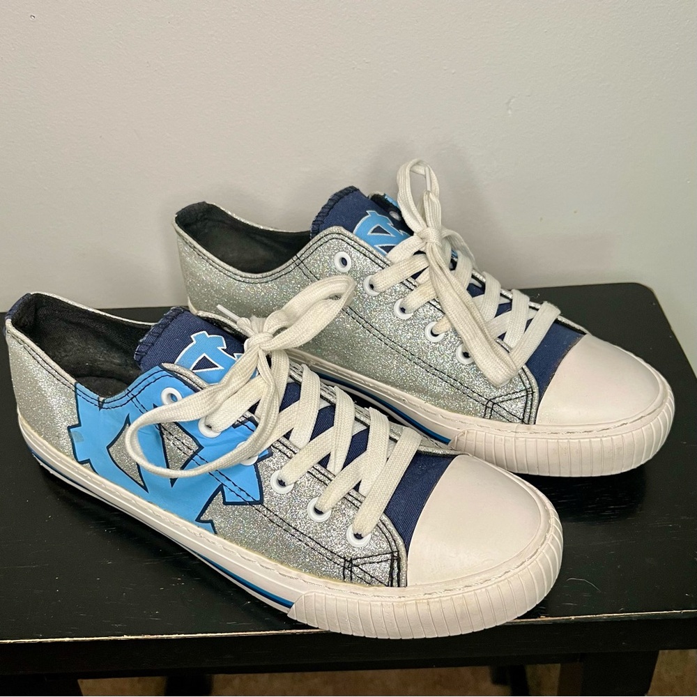 FOCO Carolina Tarheels Sneakers in Glittery Silver and Blue